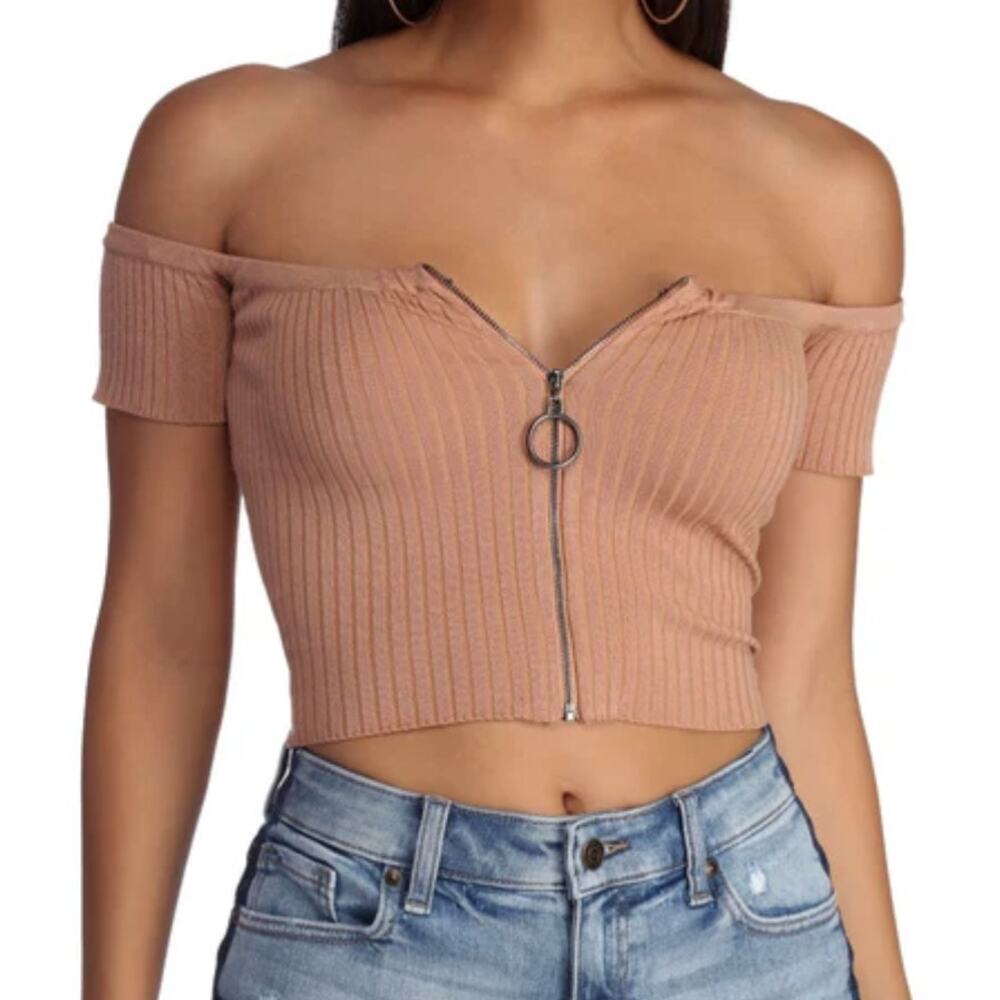 Windsor M Tan Ribbed Knit O Ring Zip Up Front Off Shoulder Short Sleeve Crop Top